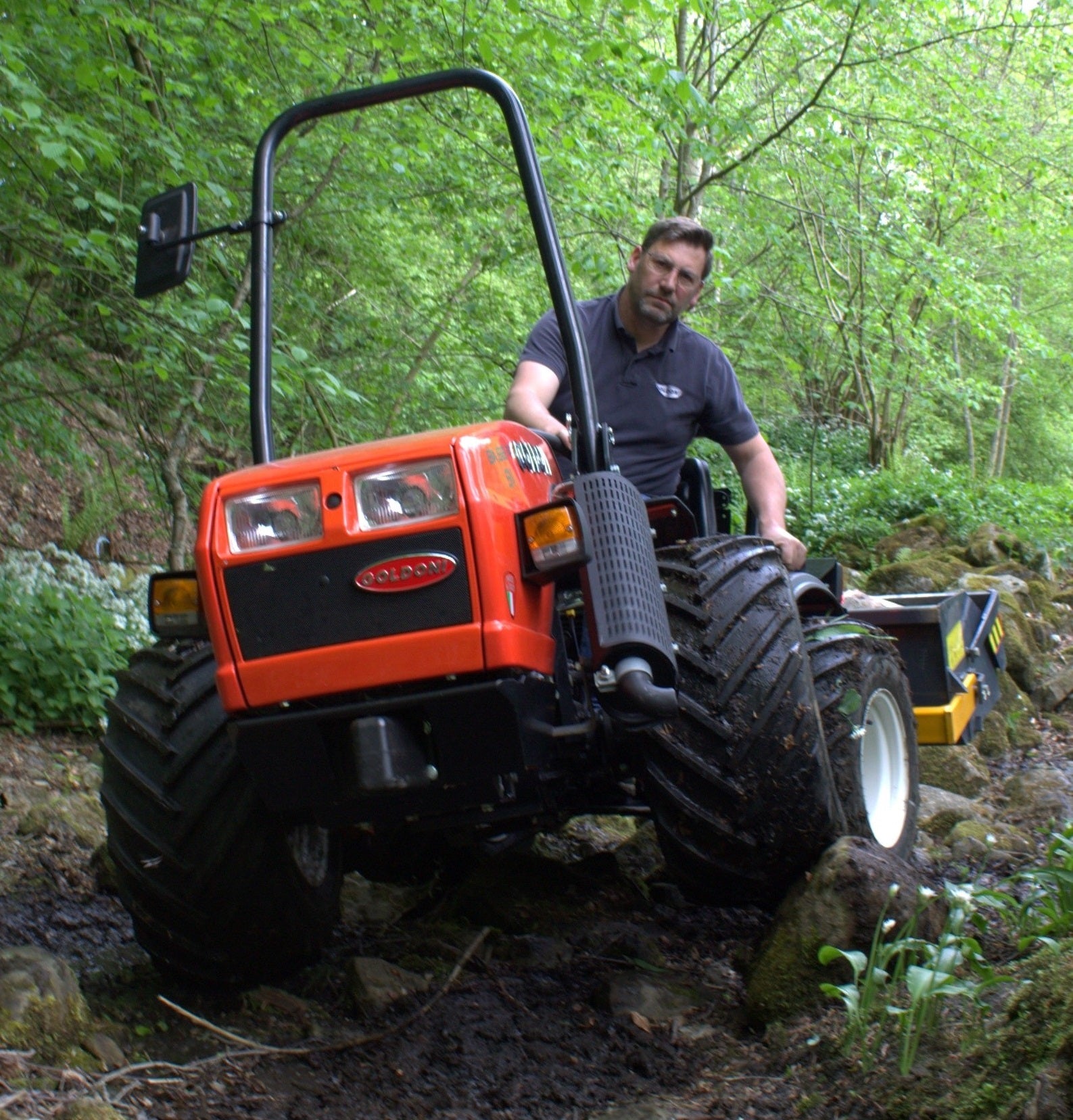 Goldoni E20 Quad Tractor with transport box working in a wooded ghyll in the Yorkshire Dales