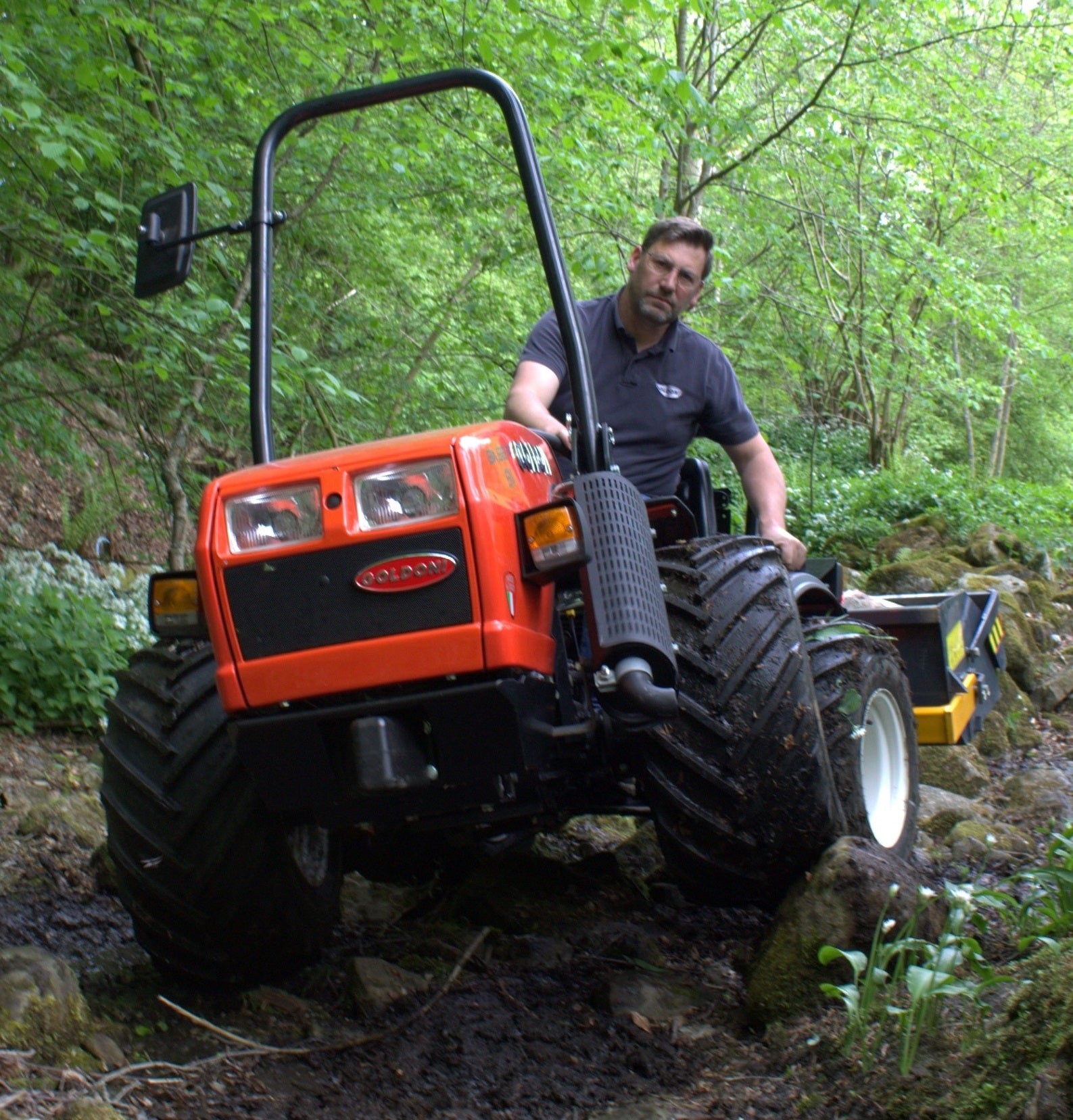 Goldoni E20 Quad Tractor with transport box working in a wooded ghyll in the Yorkshire Dales